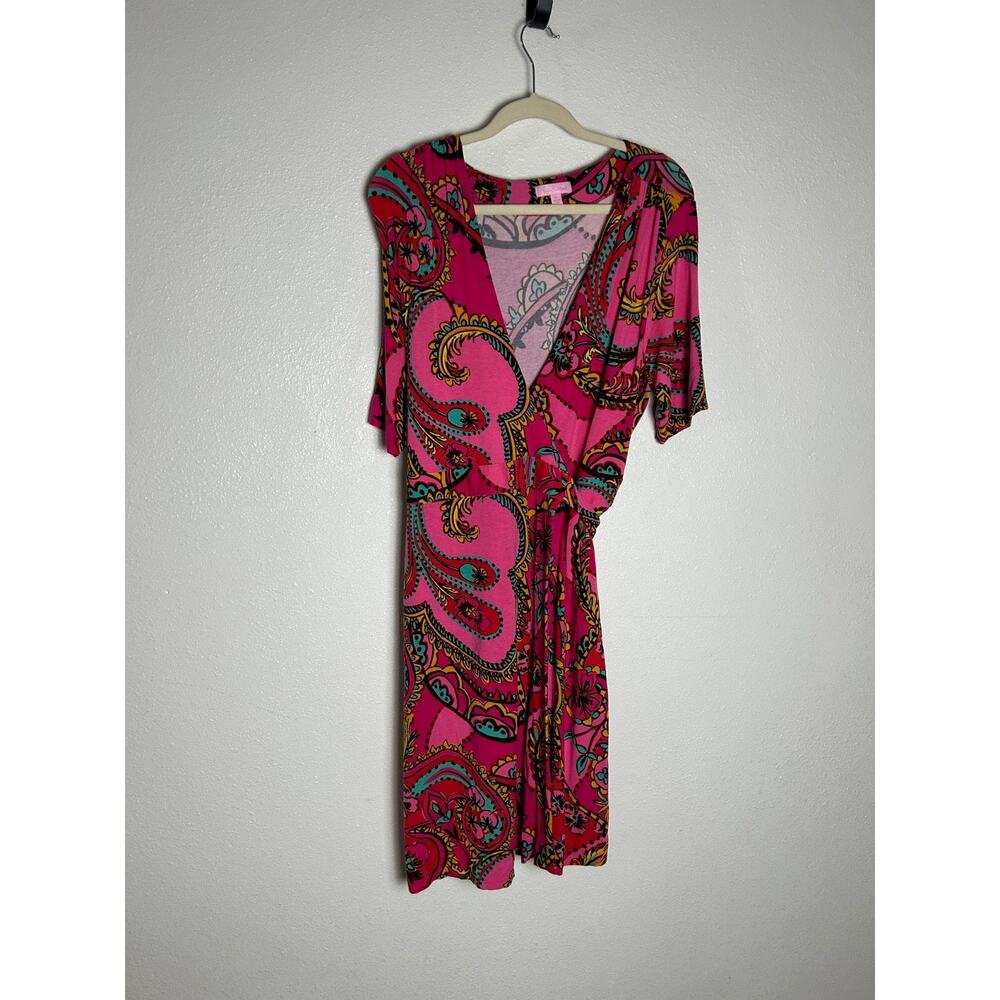 Lilly Pulitzer Adalie Wrap Dress Womens Follow Pink Road Paisley Tropical Sz XL